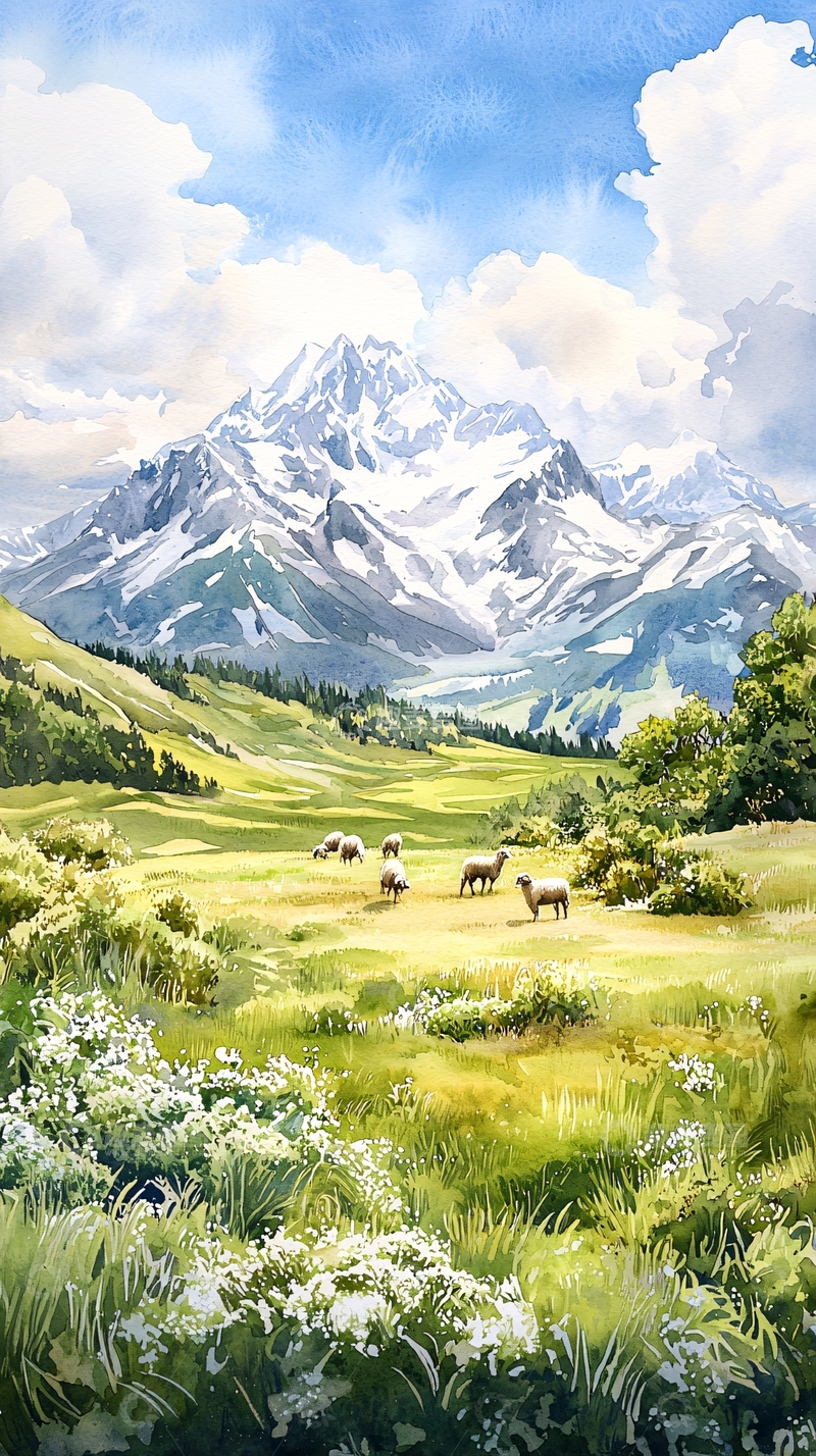 高清大图下载【趣麦麦图】雪山下的羊群牧场风景画