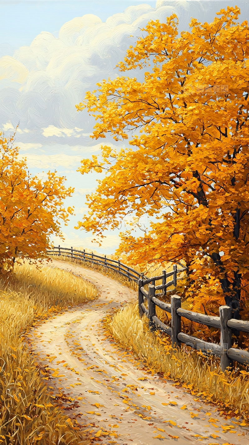 高清大图下载【趣麦麦图】秋日小路与金黄树叶