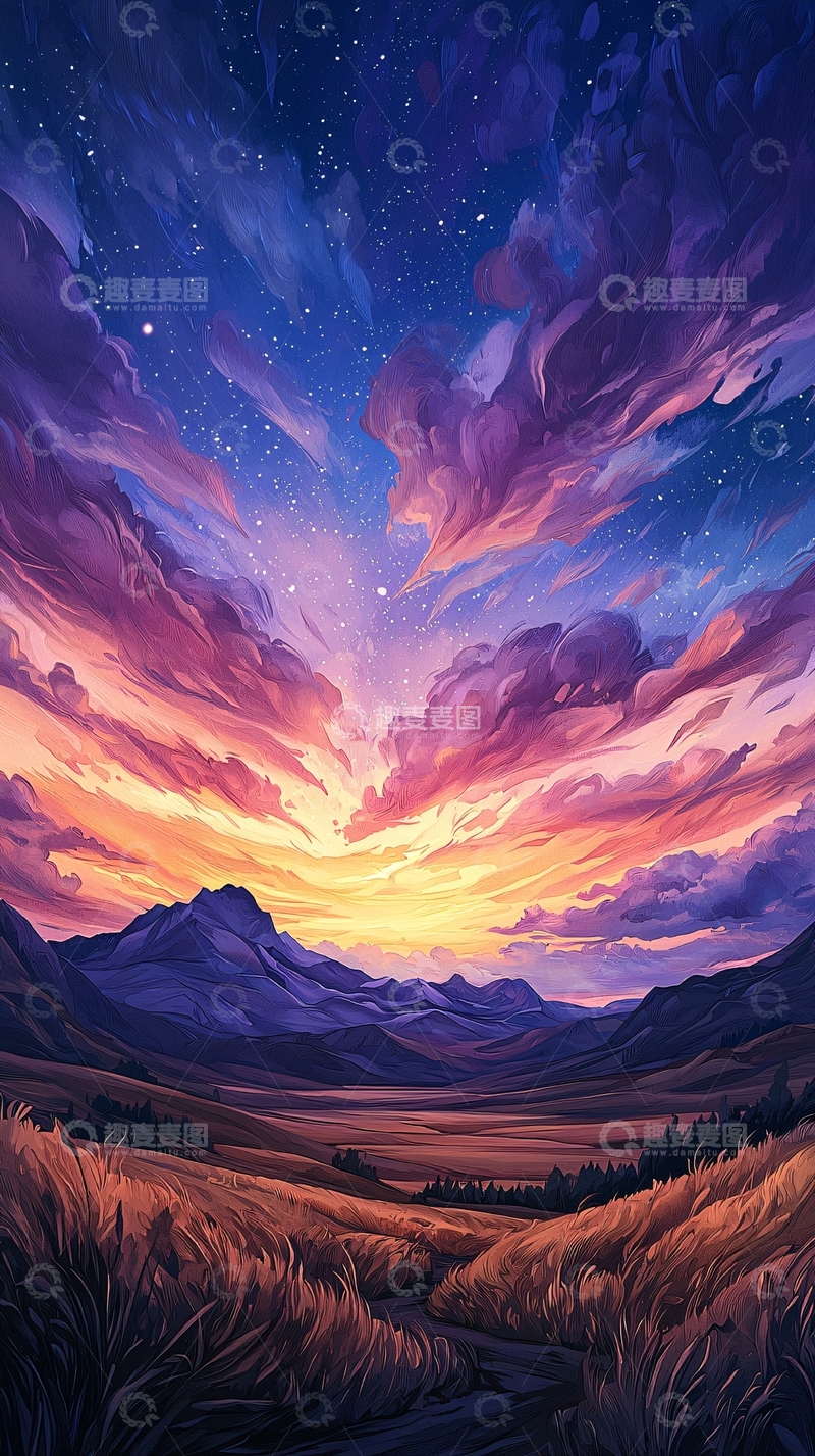 高清大图下载【趣麦麦图】梦幻山川星空夜景