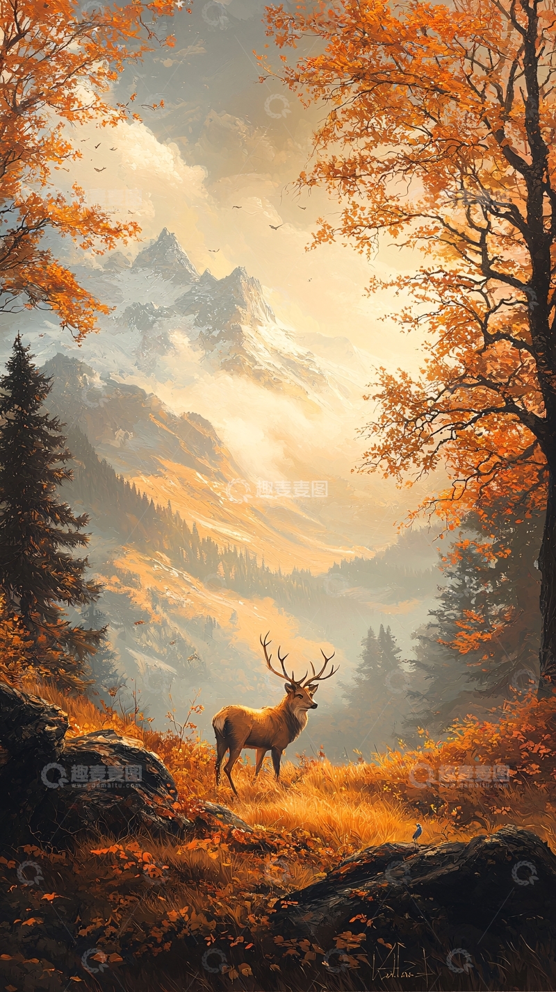 高清大图下载【趣麦麦图】秋日山间鹿行图