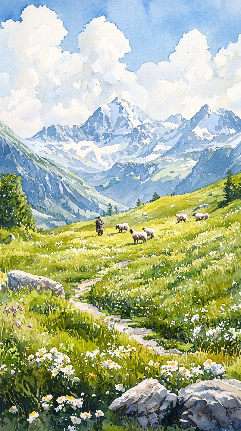 高清大图下载【趣麦麦图】阿尔卑斯山下的羊群与牧人