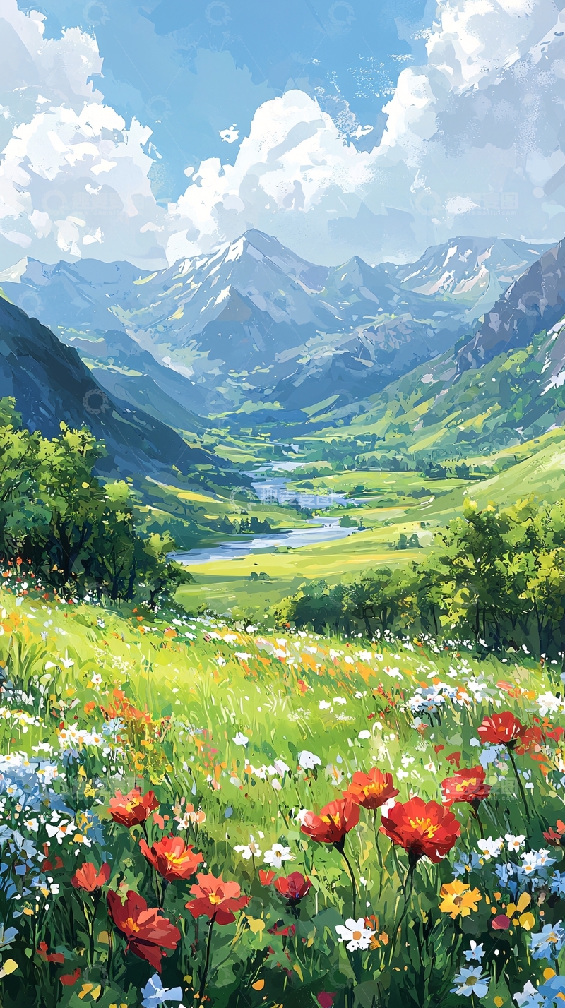 高清大图下载【趣麦麦图】雪山山谷野花风景