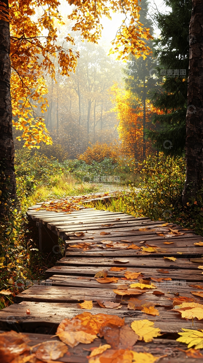 高清大图下载【趣麦麦图】秋日森林木桥落叶风景