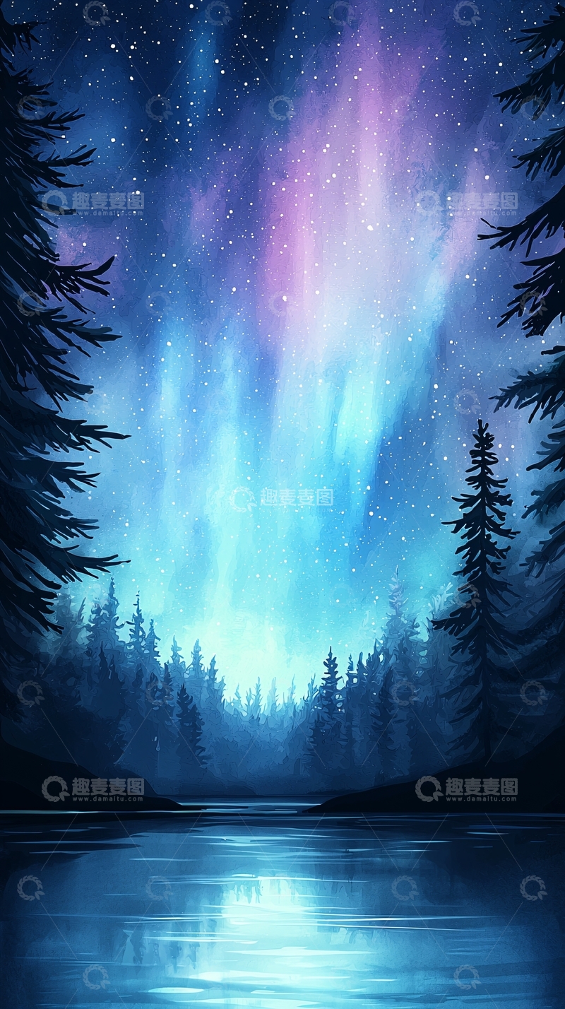 高清大图下载【趣麦麦图】极光下的静谧森林