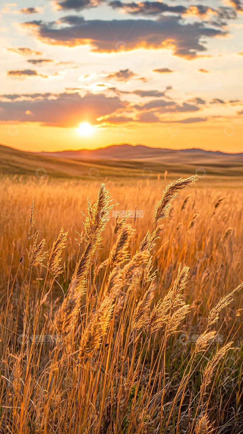 高清大图下载【趣麦麦图】夕阳下的麦田风景
