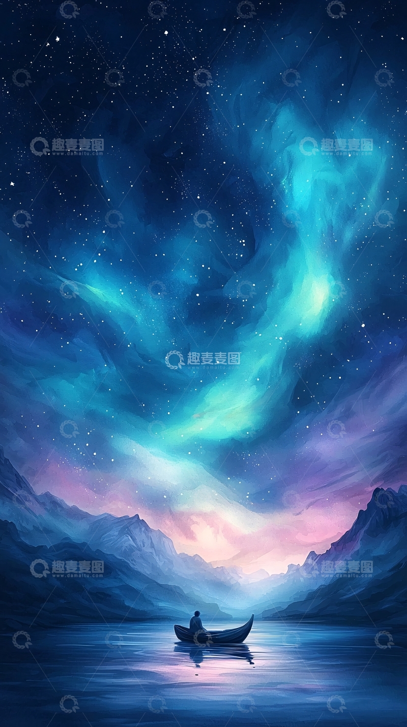 高清大图下载【趣麦麦图】夜空下的孤独划船者