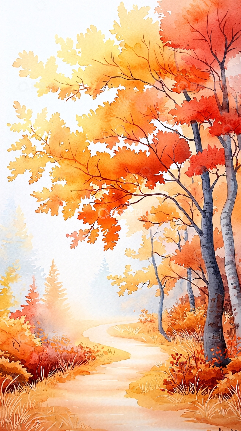 高清大图下载【趣麦麦图】秋日森林小径水彩画