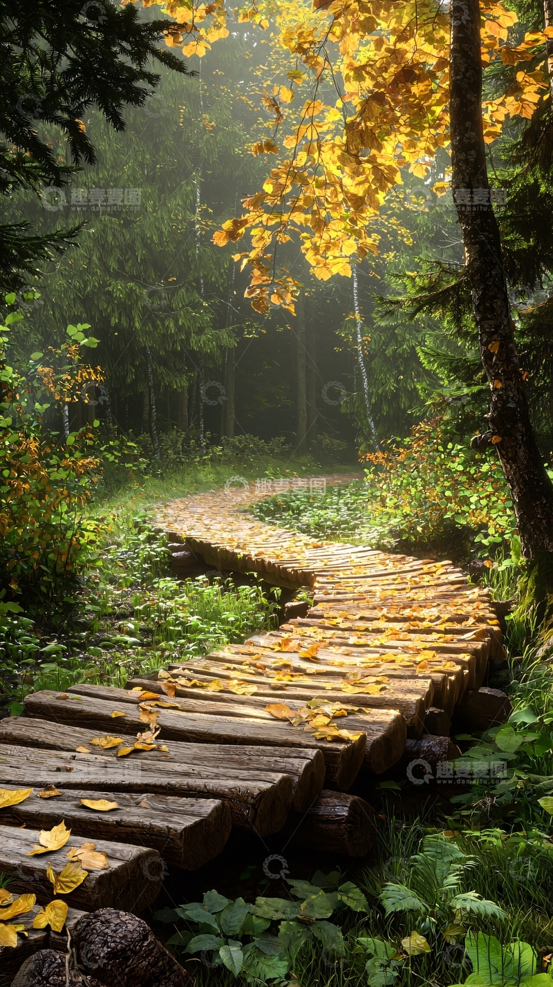 高清大图下载【趣麦麦图】秋日森林木桥风景