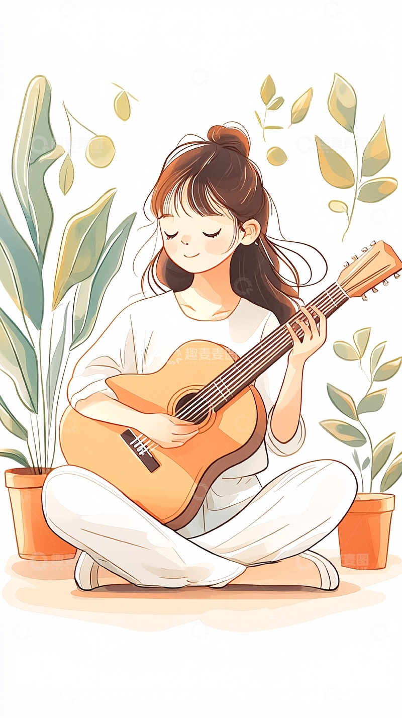 高清大图下载【趣麦麦图】女孩弹吉他坐在植物旁
