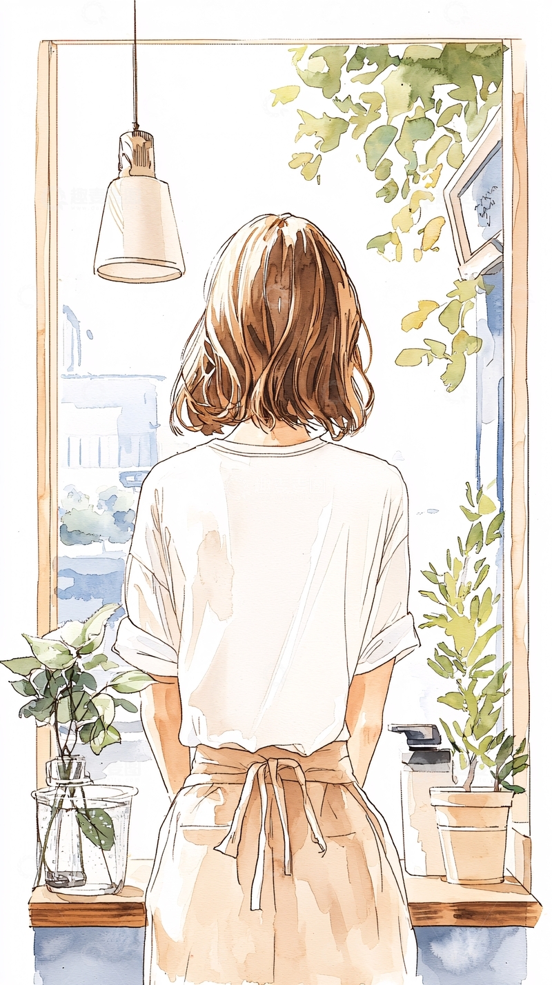 高清大图下载【趣麦麦图】室内植物窗边的背影