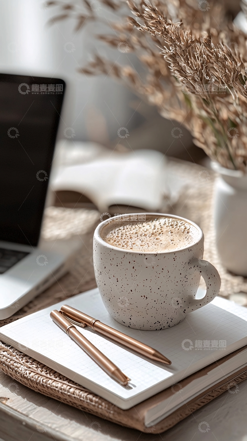 高清大图下载【趣麦麦图】咖啡杯与笔记本的工作场景