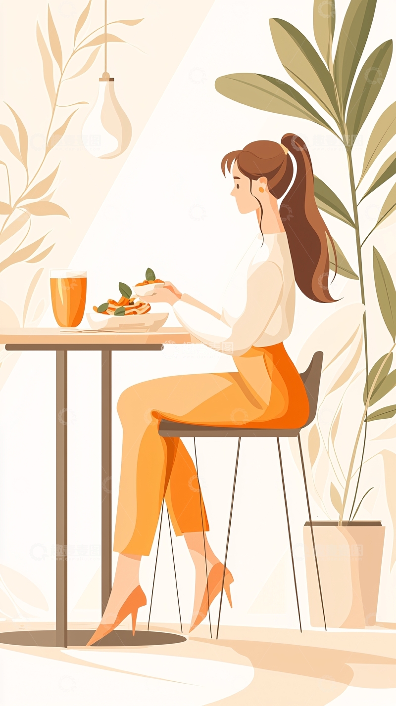 高清大图下载【趣麦麦图】室内用餐的女性插画