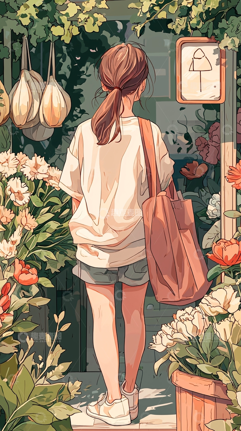 高清大图下载【趣麦麦图】花园中的背影女孩