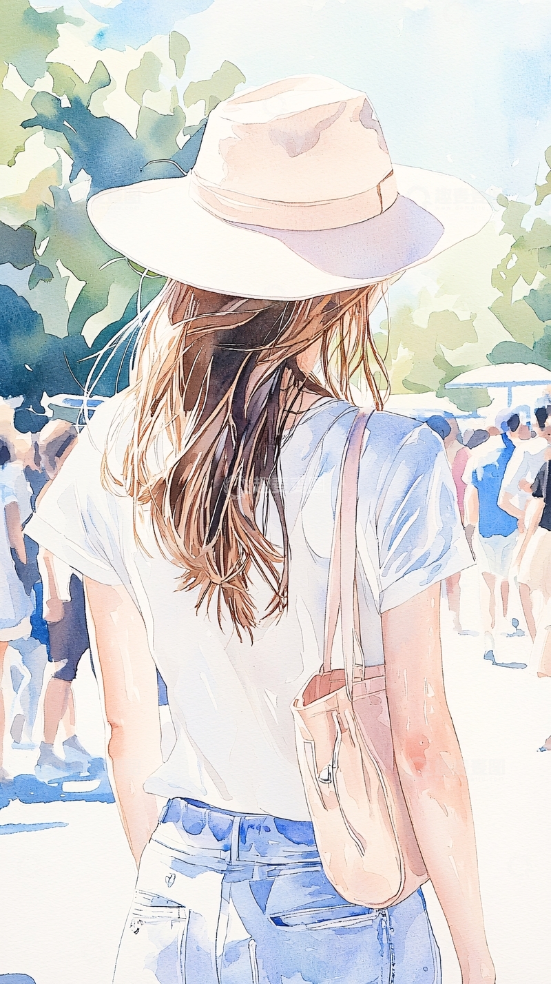 高清大图下载【趣麦麦图】夏日海滩漫步女孩水彩画