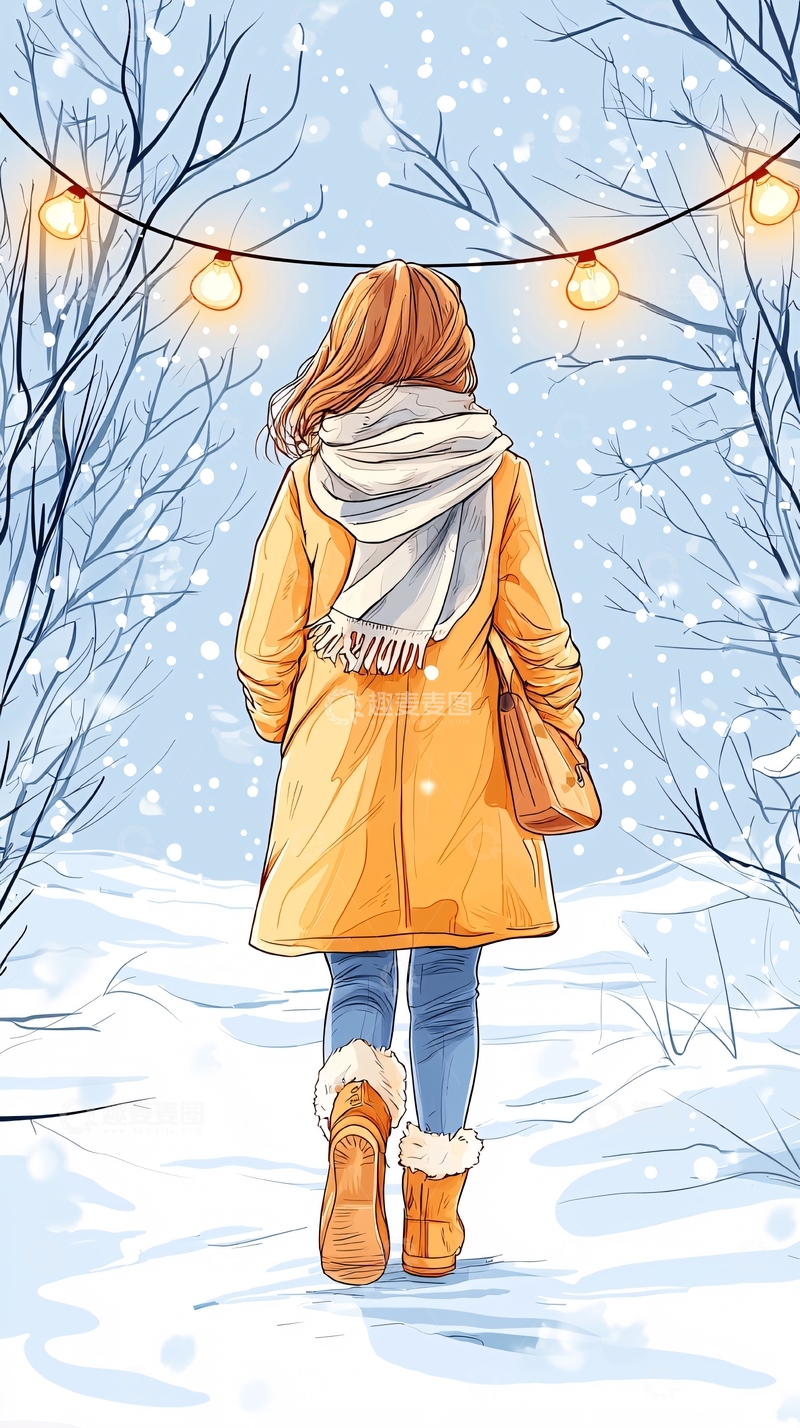 高清大图下载【趣麦麦图】冬日雪景中的温暖背影