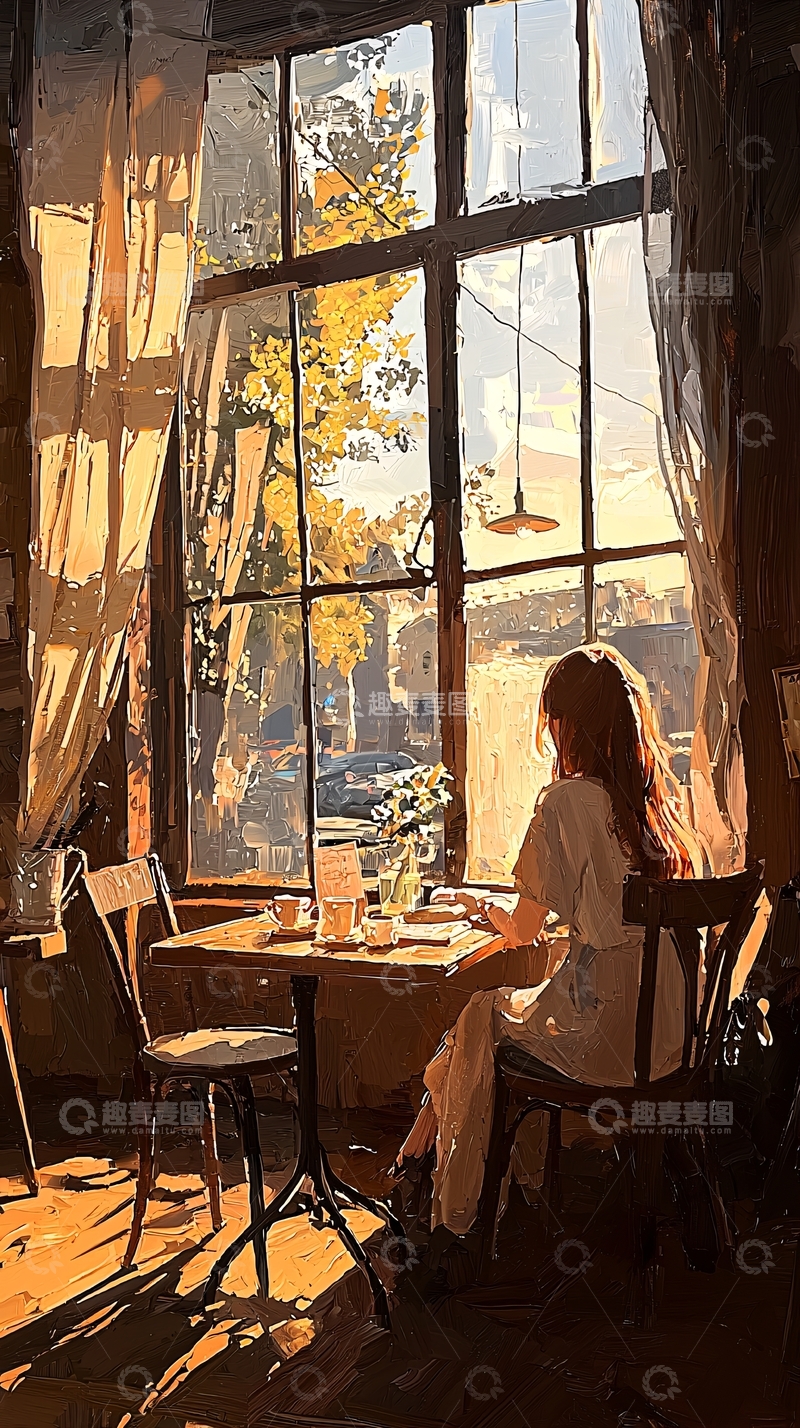 高清大图下载【趣麦麦图】秋日咖啡馆里的午后时光