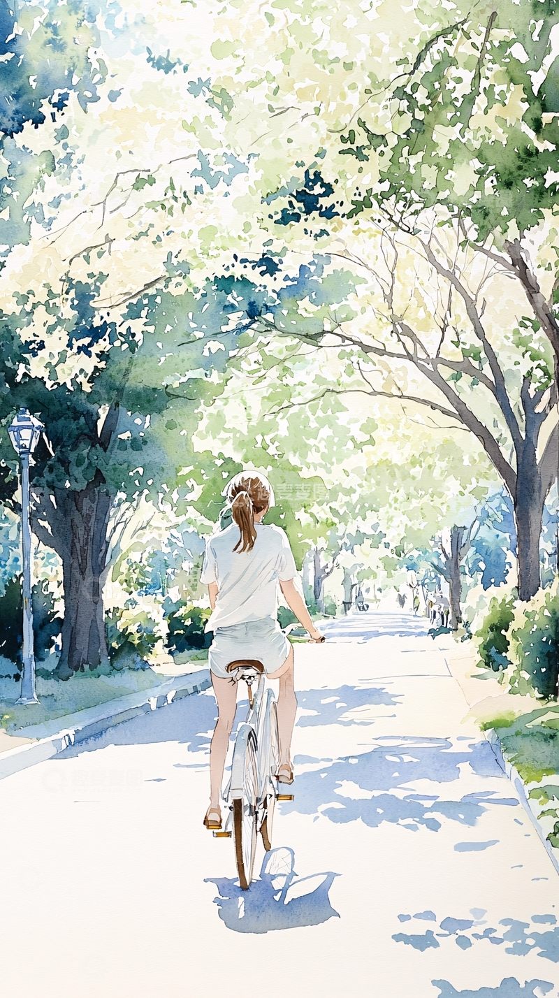 高清大图下载【趣麦麦图】夏日骑行在绿荫下的女孩
