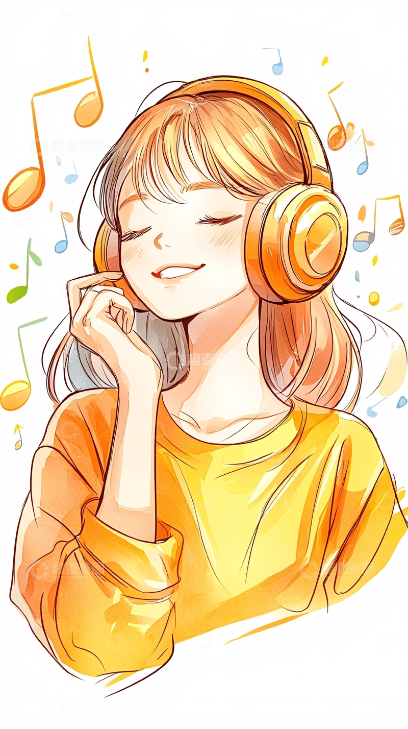 高清大图下载【趣麦麦图】聆听音乐的女孩插画