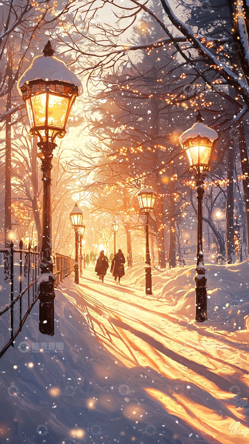 高清大图下载【趣麦麦图】冬日雪景下的灯光小径