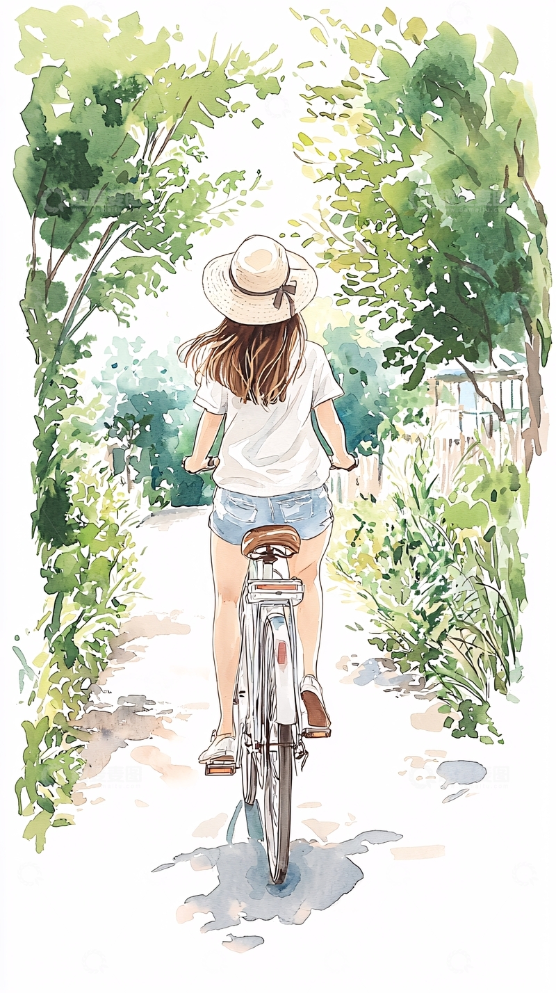 高清大图下载【趣麦麦图】夏日骑行在绿色小径上