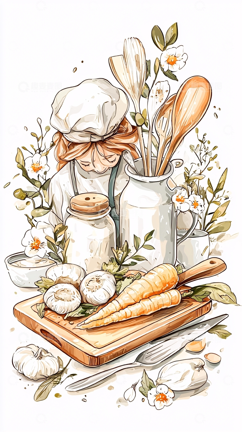 高清大图下载【趣麦麦图】厨房里的小女孩与食材插画