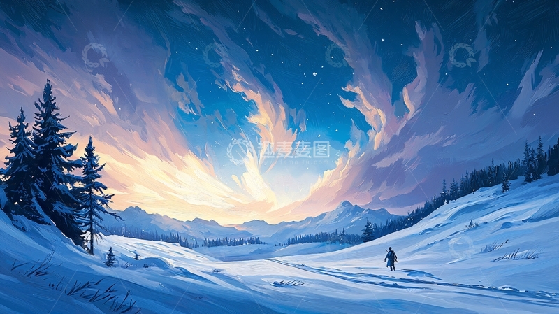 高清大图下载【趣麦麦图】冬夜雪山徒步旅行