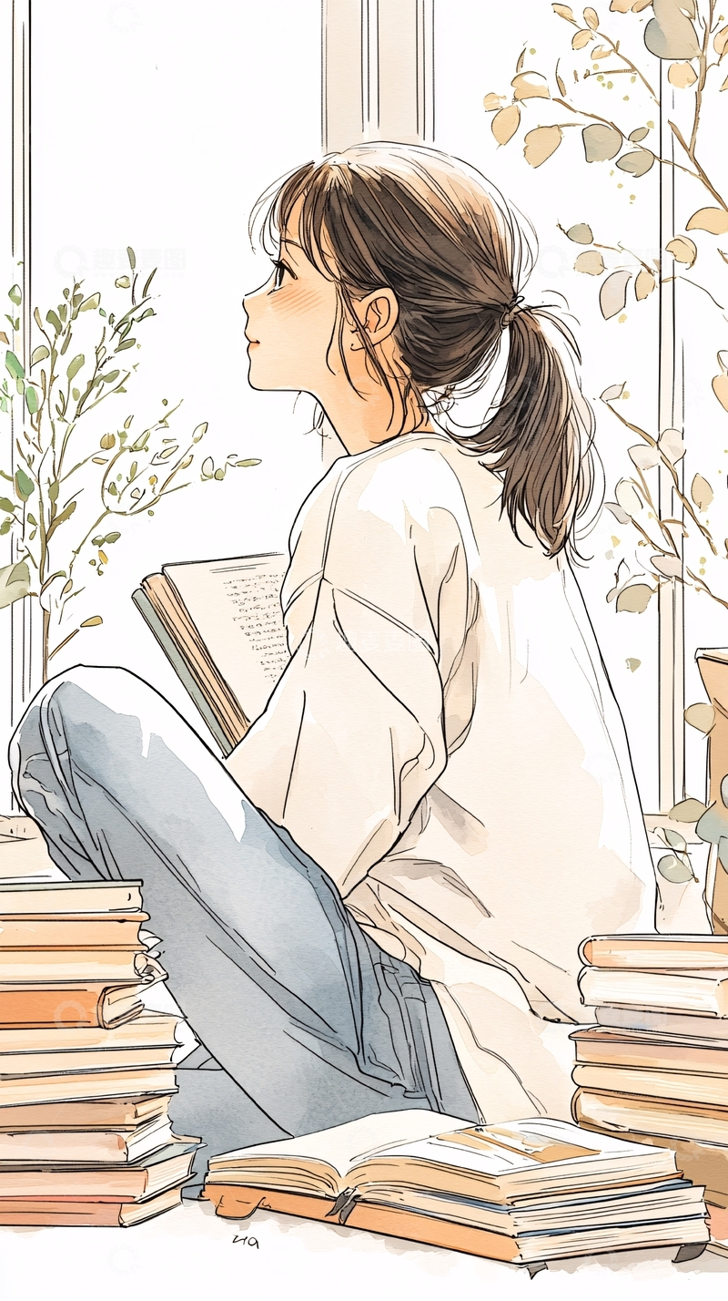 高清大图下载【趣麦麦图】窗边阅读的女孩