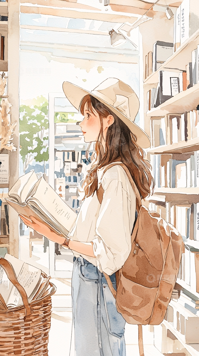 高清大图下载【趣麦麦图】图书馆里的女孩阅读插画