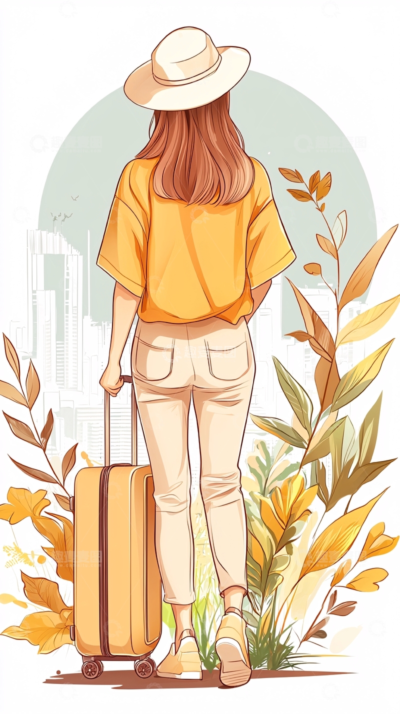 高清大图下载【趣麦麦图】秋日旅行背影插画