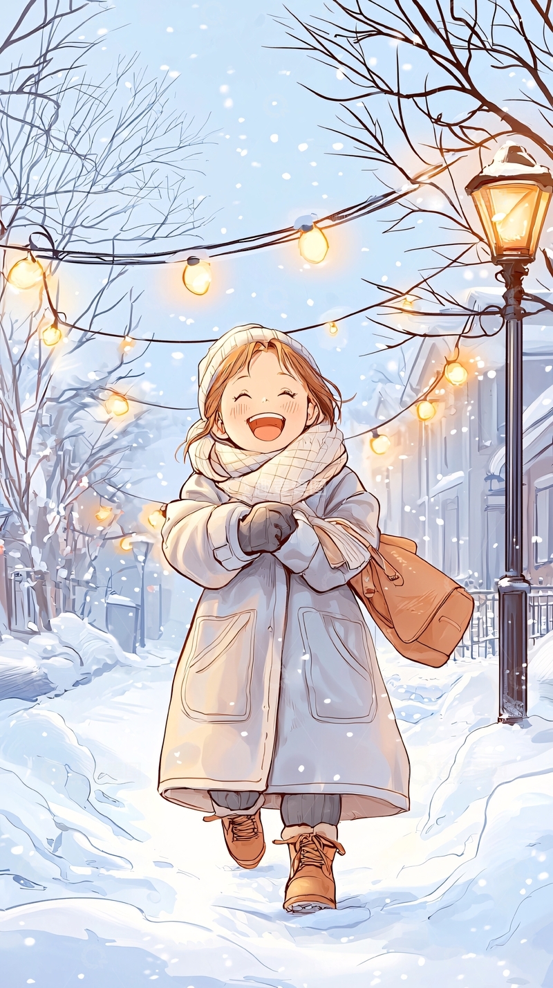 高清大图下载【趣麦麦图】冬日雪景中的快乐女孩