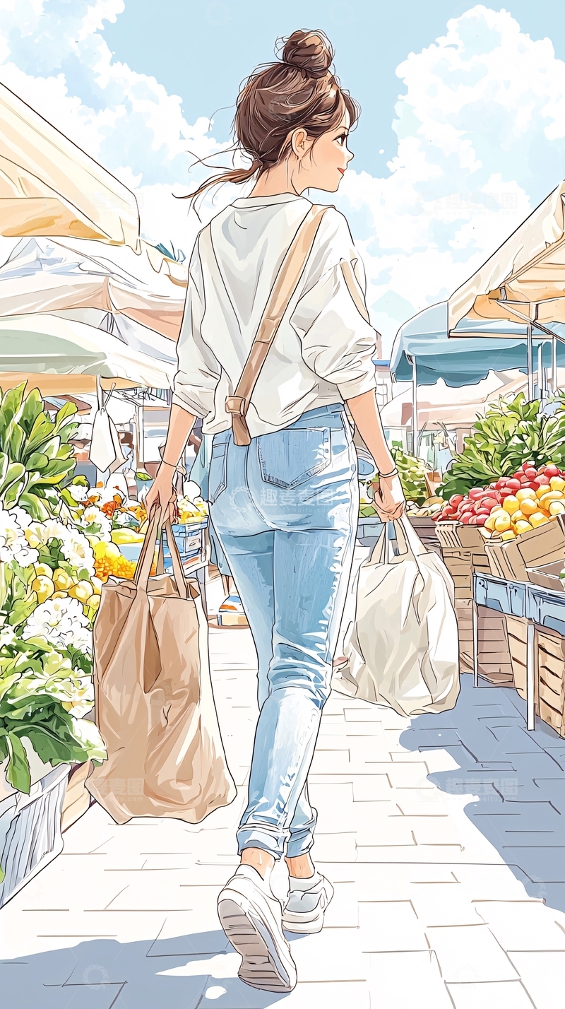 高清大图下载【趣麦麦图】市场购物的年轻女子
