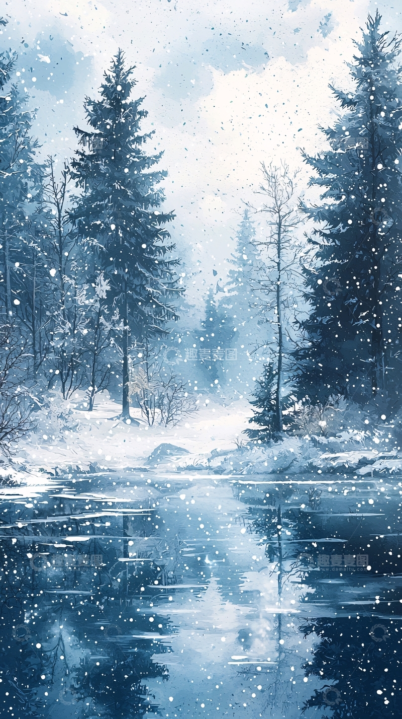 高清大图下载【趣麦麦图】冬日雪景森林湖泊