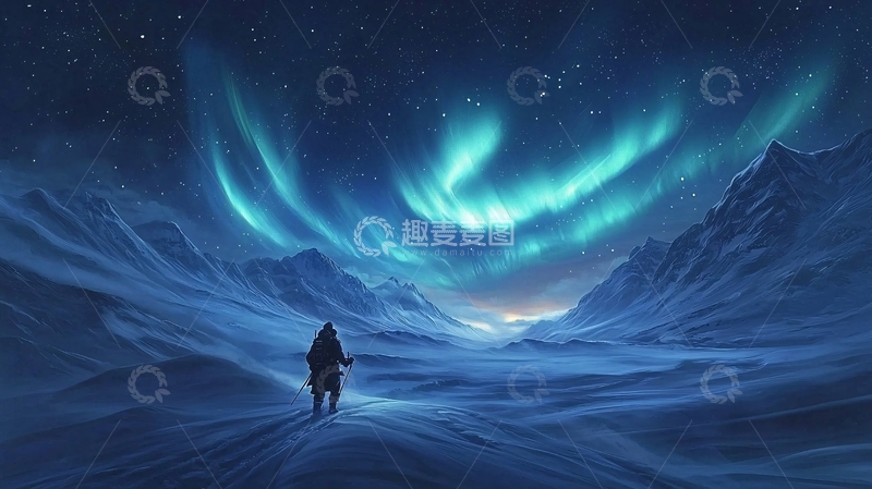 高清大图下载【趣麦麦图】极光下的孤独旅者