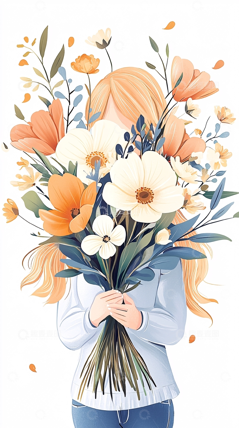 高清大图下载【趣麦麦图】秋日花束女孩插画