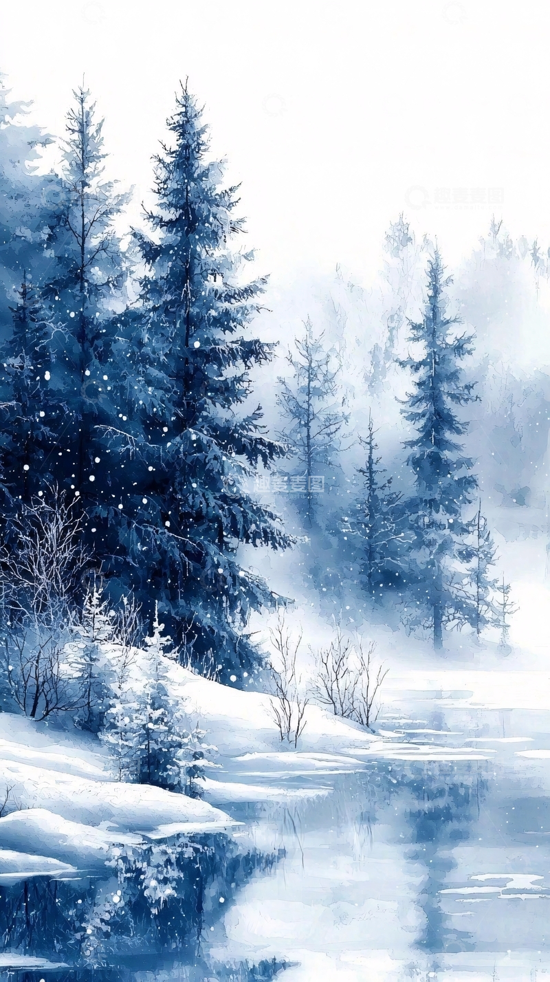 高清大图下载【趣麦麦图】冬日雪景松林湖畔