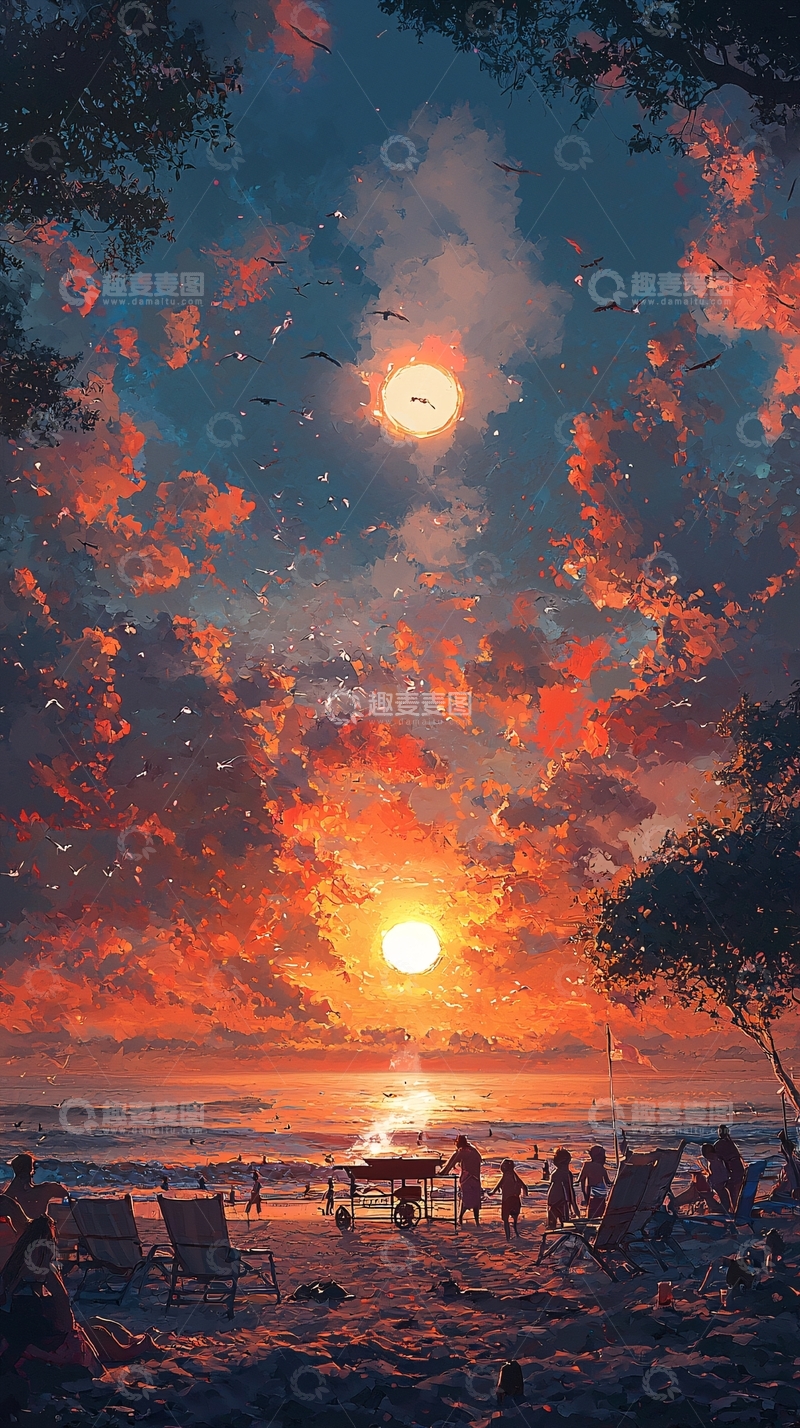 高清大图下载【趣麦麦图】海滩日落风景画