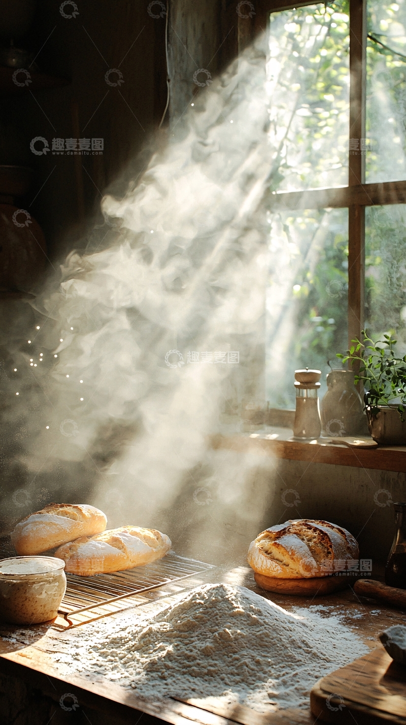 高清大图下载【趣麦麦图】阳光下的烘焙厨房场景