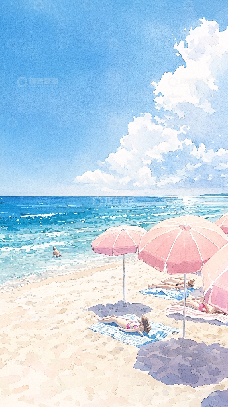高清大图下载【趣麦麦图】夏日海滩粉色遮阳伞