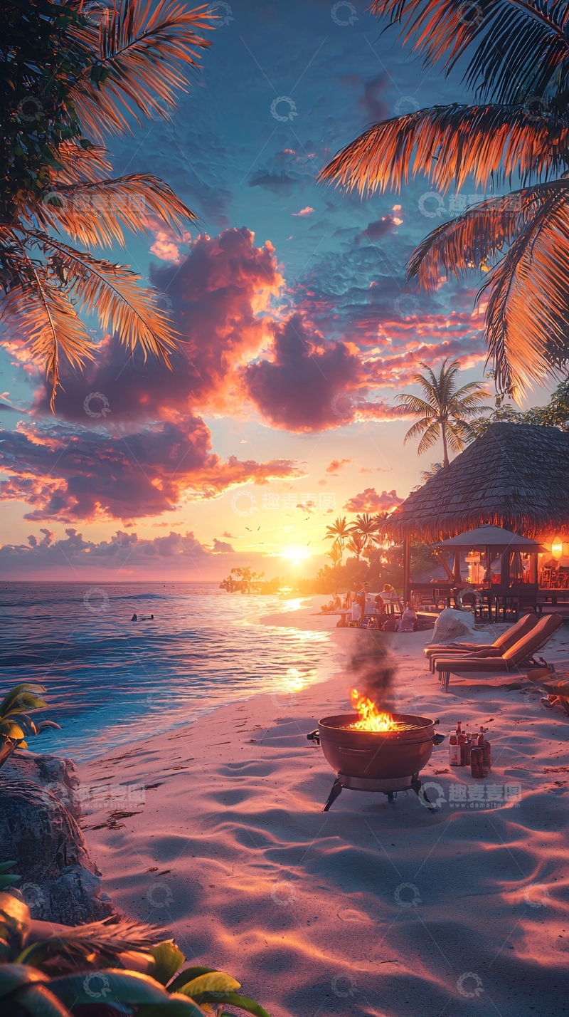 高清大图下载【趣麦麦图】海滩日落篝火场景