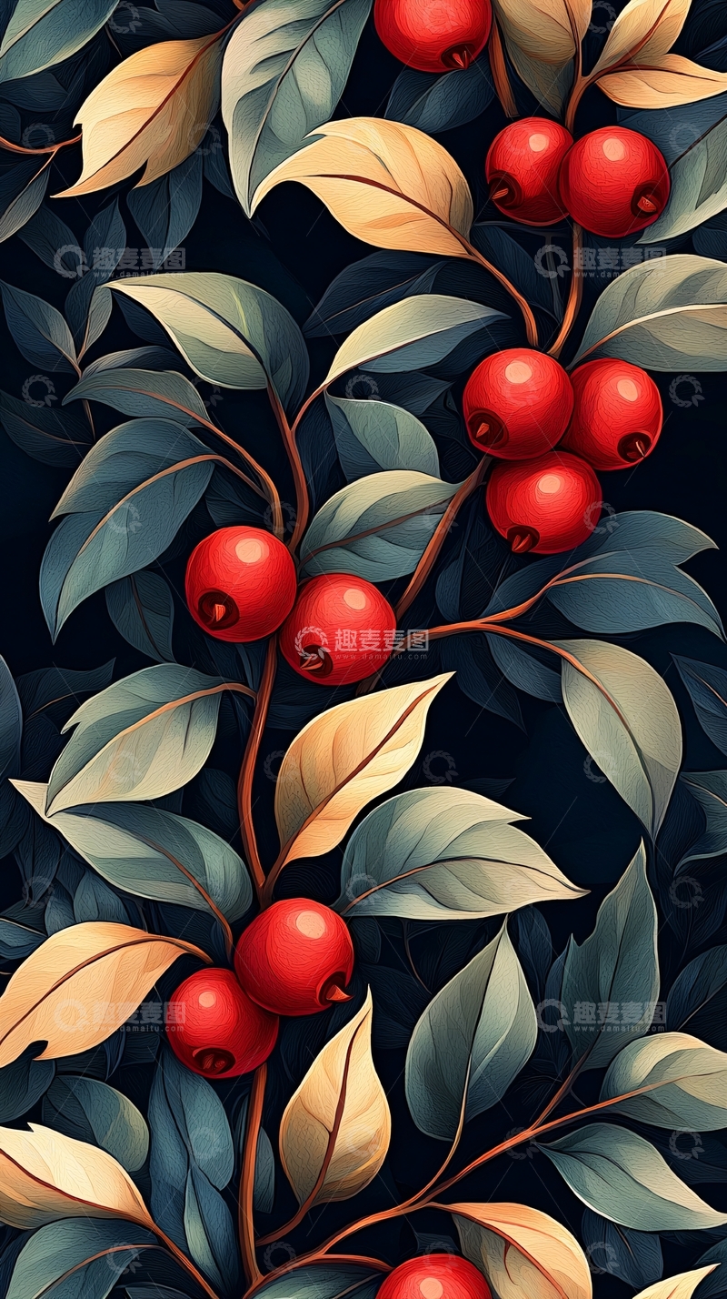 高清大图下载【趣麦麦图】红色浆果与叶子的插画背景