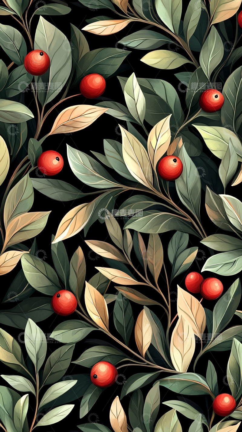 高清大图下载【趣麦麦图】红色浆果与绿叶背景图案