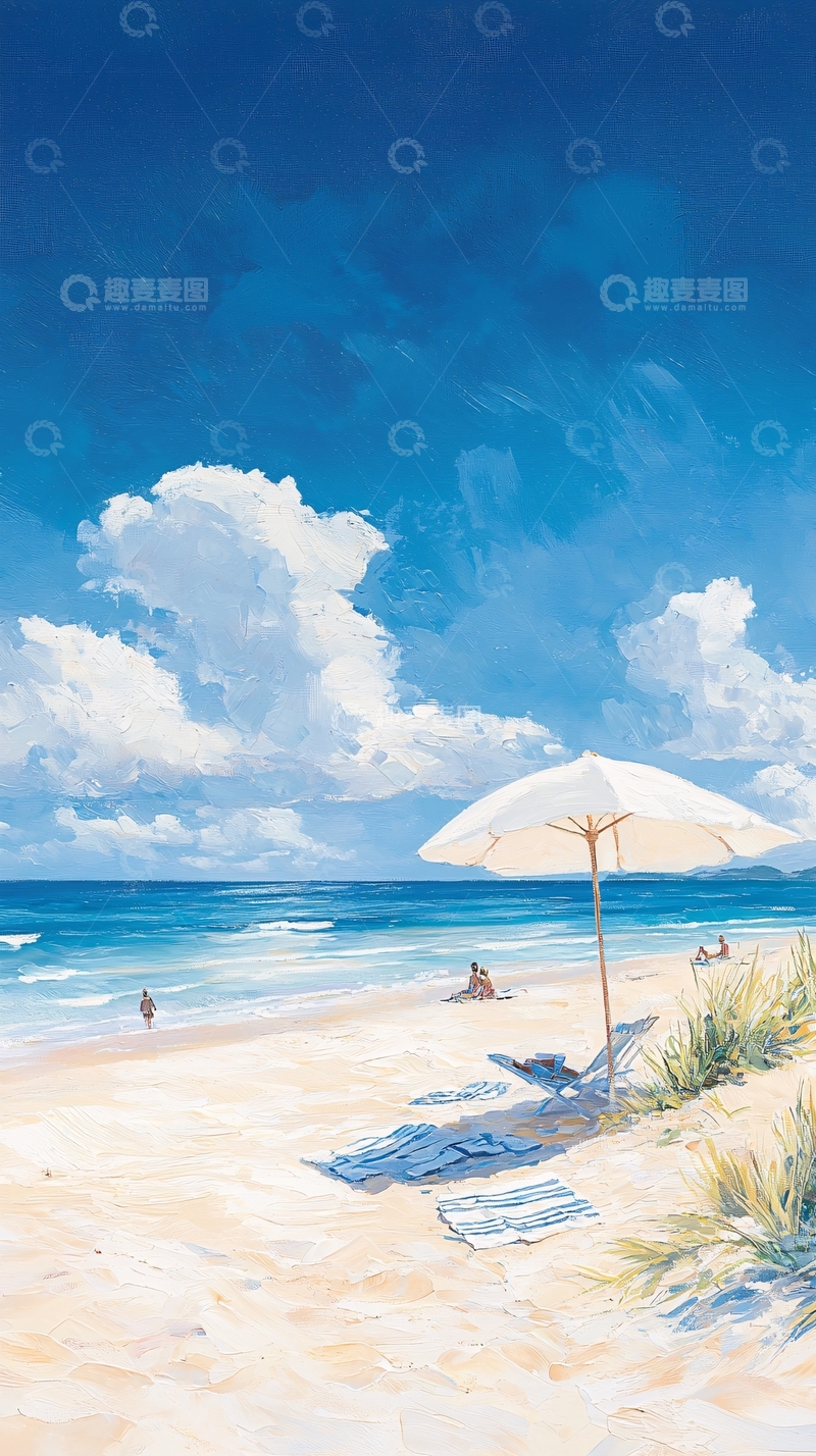 高清大图下载【趣麦麦图】海滩上的蓝天白云与沙滩伞