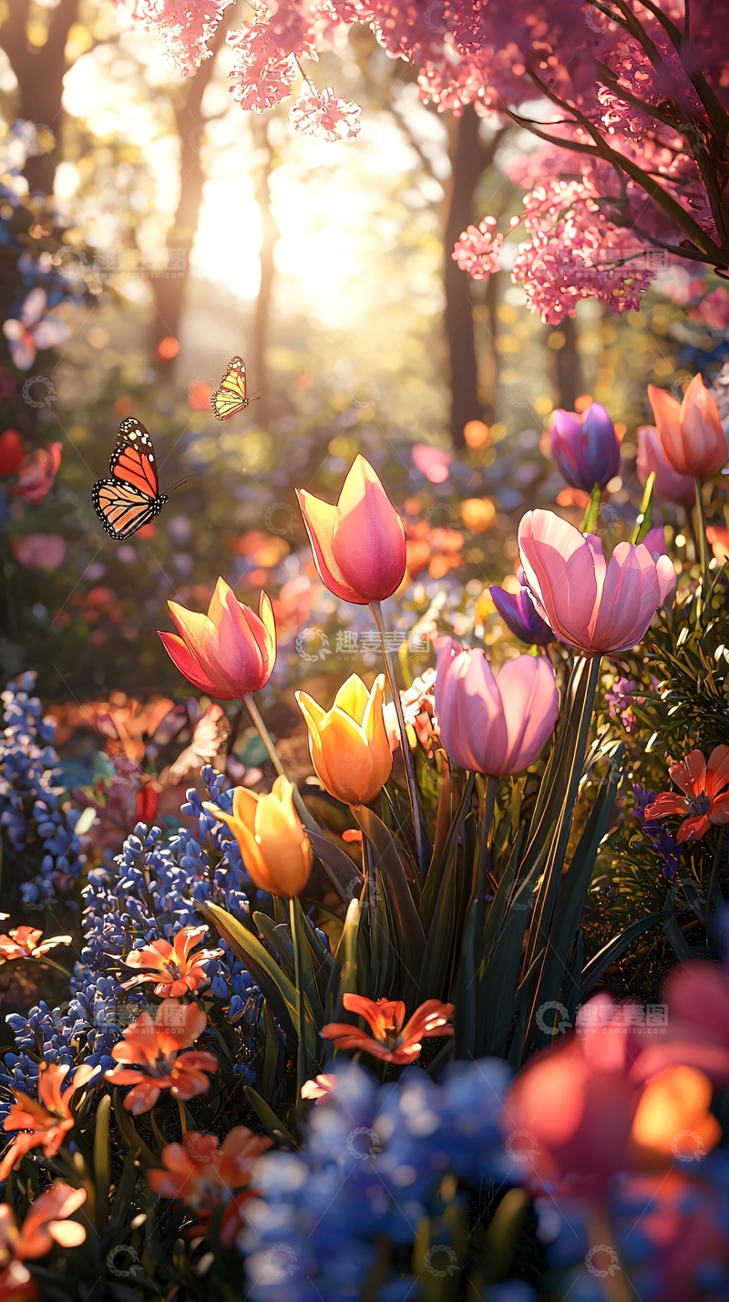 高清大图下载【趣麦麦图】春日花园蝴蝶与郁金香