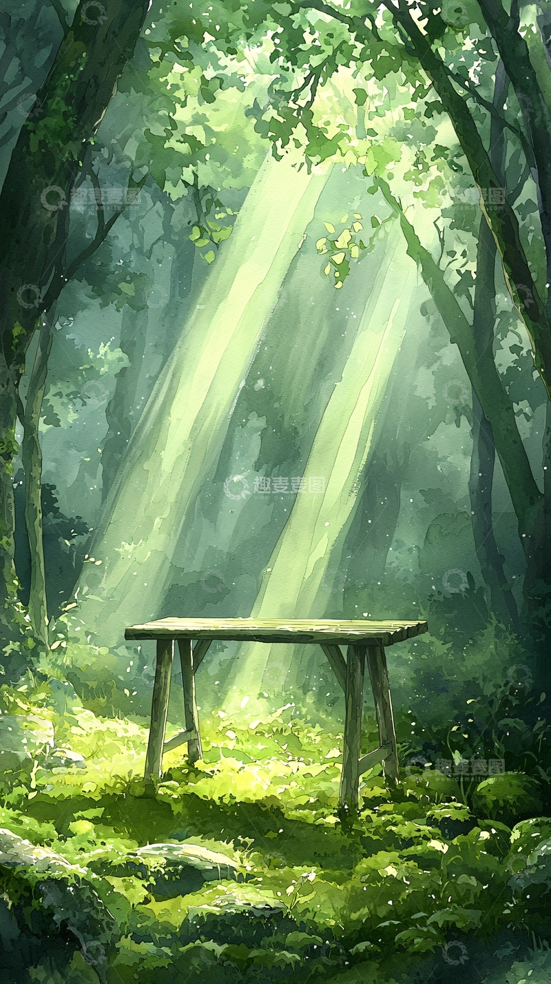 高清大图下载【趣麦麦图】森林中的阳光与木桌