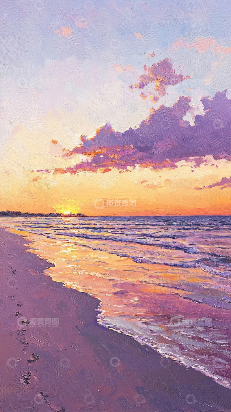 高清大图下载【趣麦麦图】日落海滩艺术画风