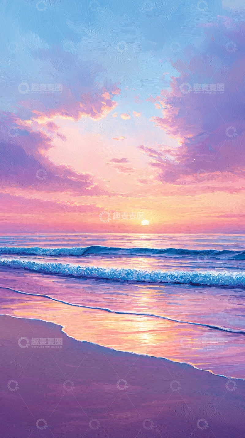 高清大图下载【趣麦麦图】日落海滩油画风格风景