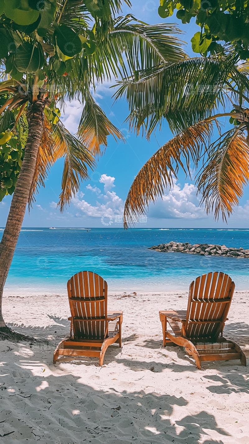 高清大图下载【趣麦麦图】海滩上的棕榈树和躺椅