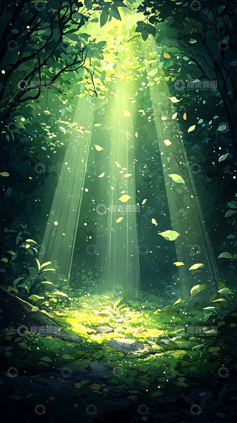 高清大图下载【趣麦麦图】森林中的阳光穿透树叶