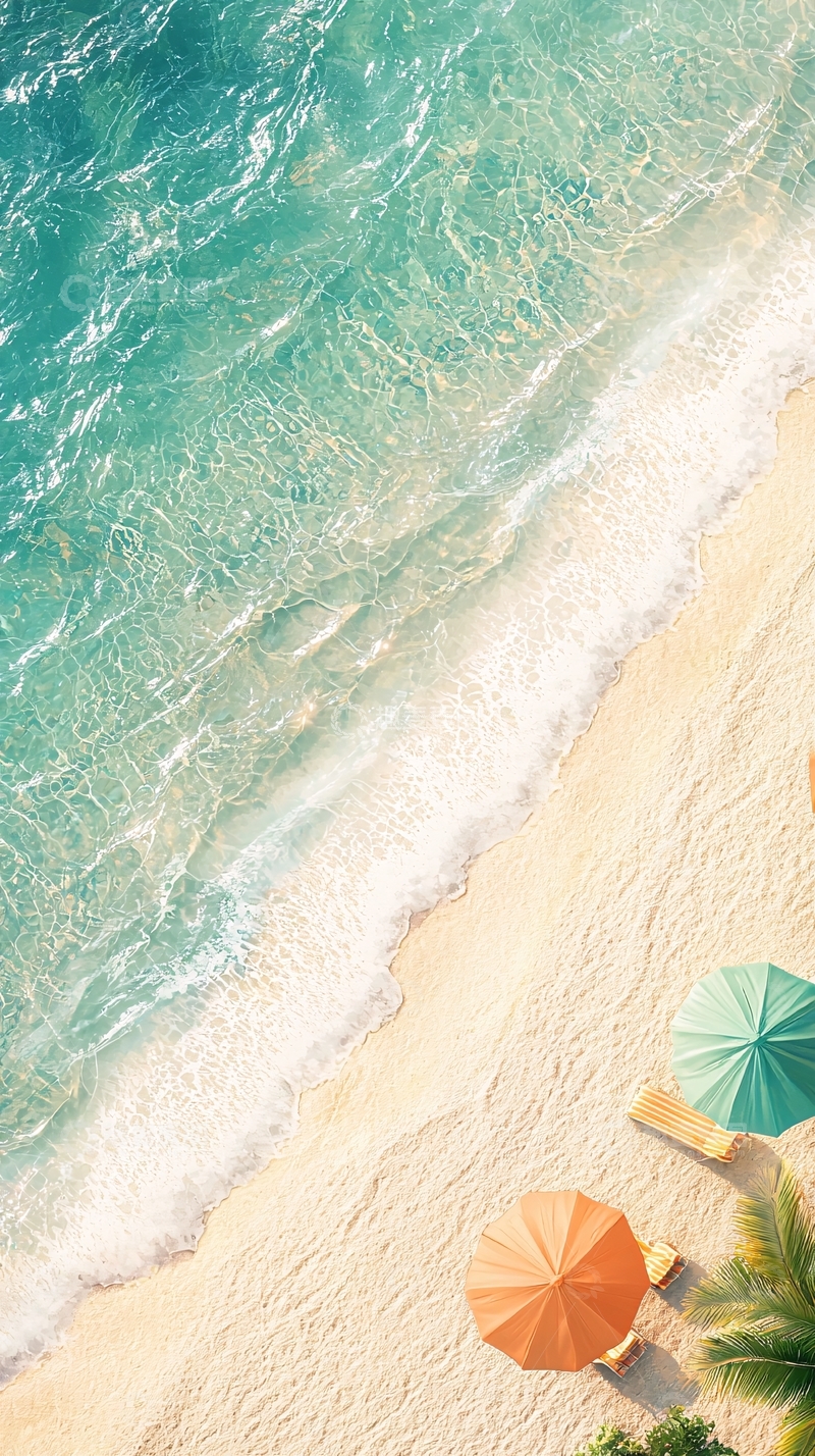 高清大图下载【趣麦麦图】海滩上的伞和躺椅