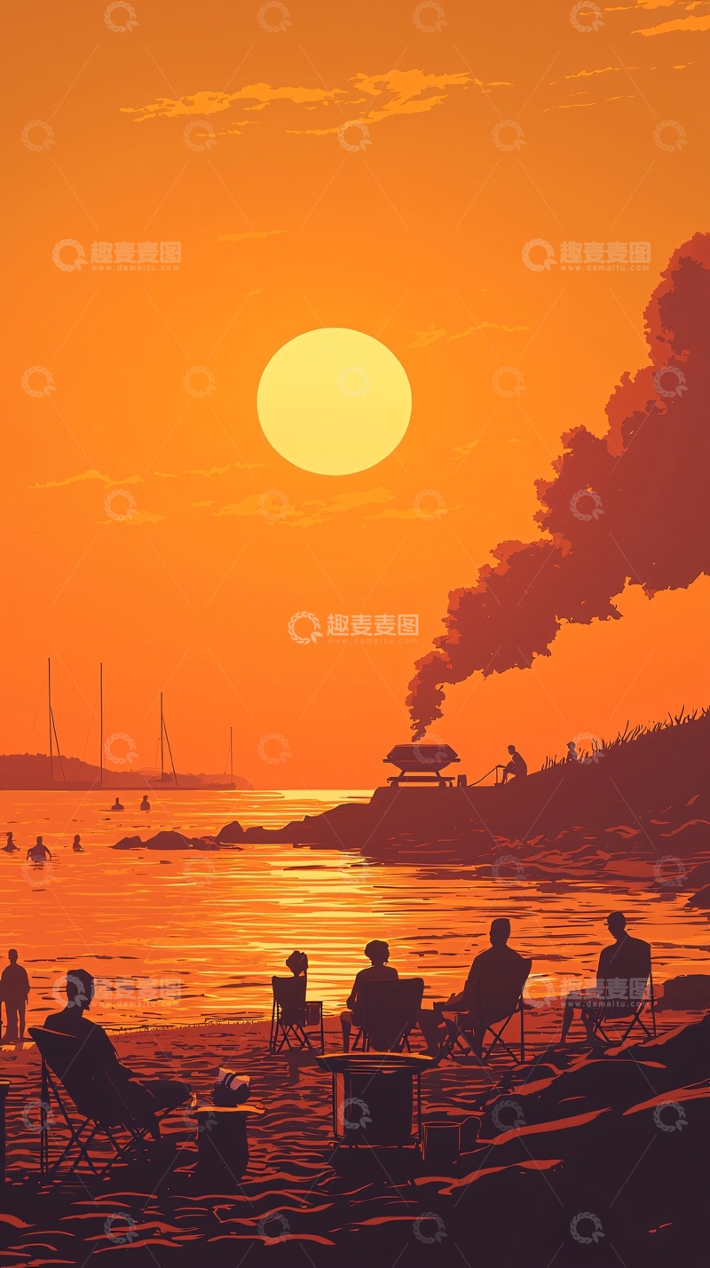 高清大图下载【趣麦麦图】夕阳海滩篝火聚会